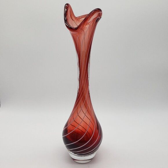 Vintage Esborg, Denmark 1970s Red Cranberry White Swirl Art Glass Vase - Picture 13 of 13